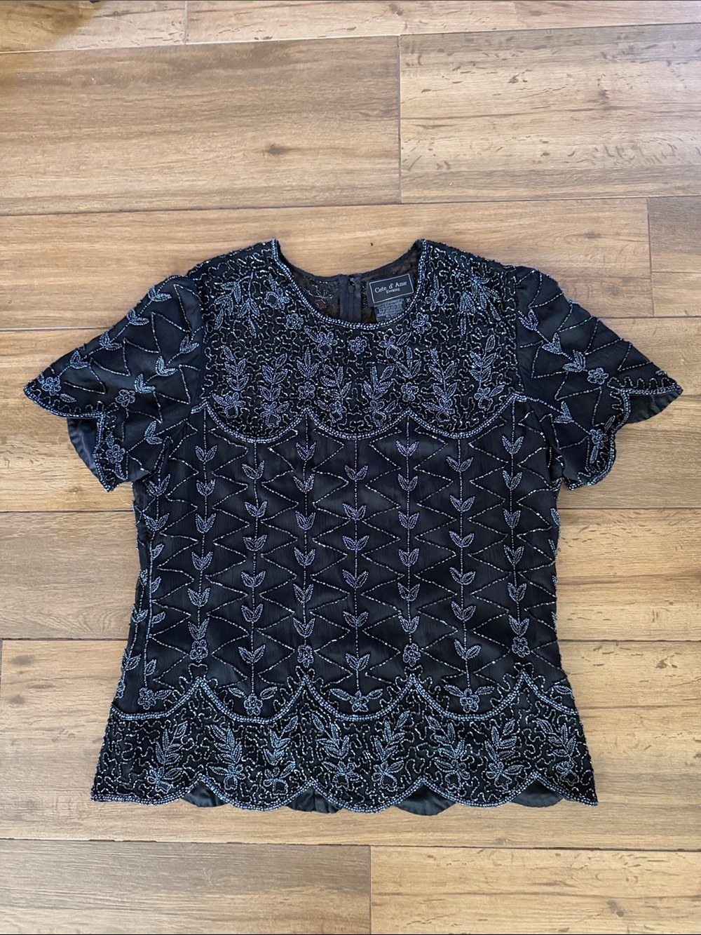 Black Beaded Short-Sleeve Evening Blouse